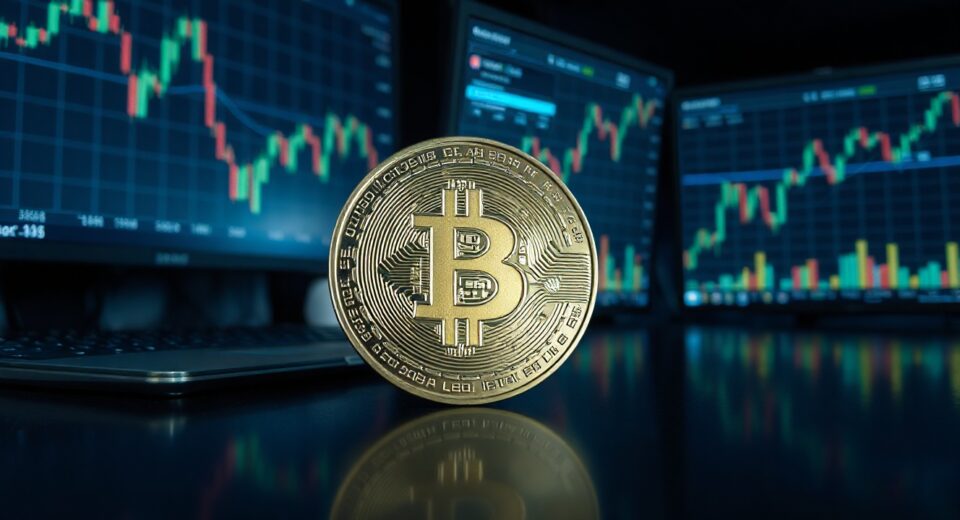 Bitcoin coin on a dark surface with trading charts in the background