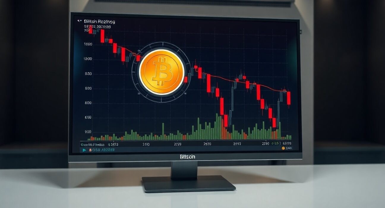 Digital display showing Bitcoin price chart with downward trend and red candlesticks.