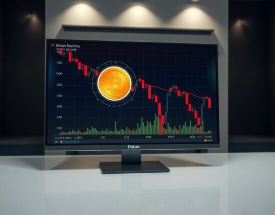 Digital display showing Bitcoin price chart with downward trend and red candlesticks.