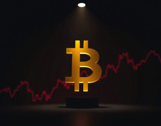 Bitcoin coin symbol with red downward trend lines in dark background