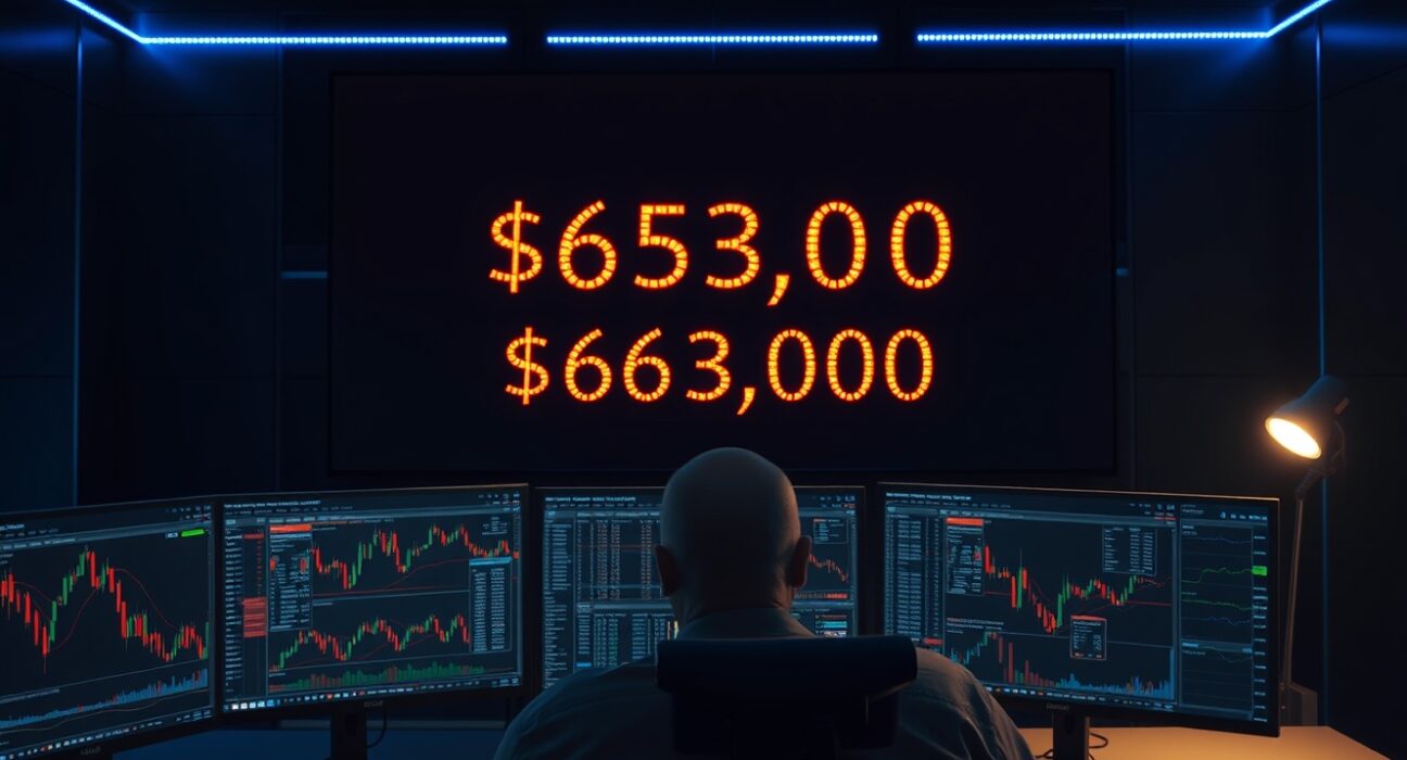 Bitcoin price drops below $63,000 on trading monitors at a professional trading desk