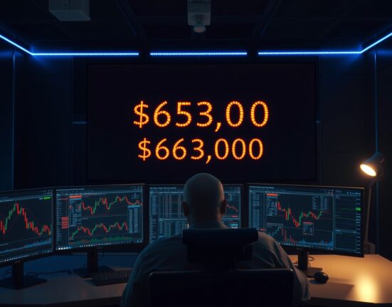 Bitcoin price drops below $63,000 on trading monitors at a professional trading desk