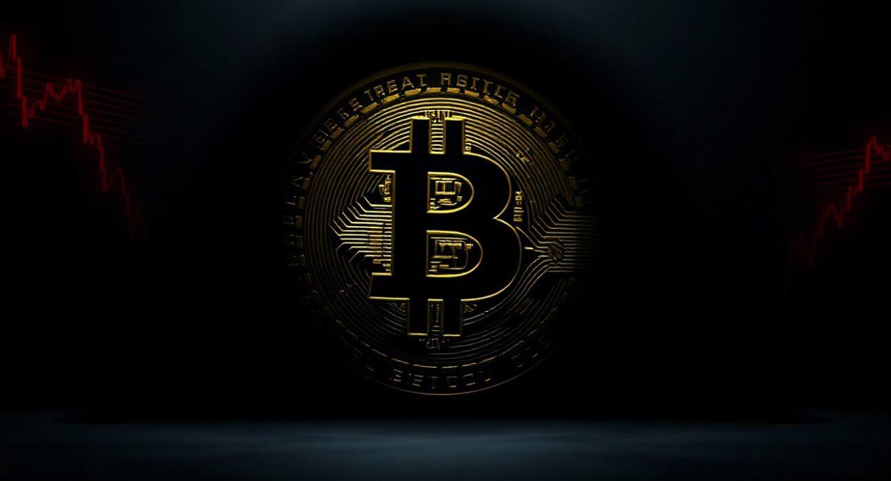 Bitcoin coin in shadow with red downward trend lines representing price drop