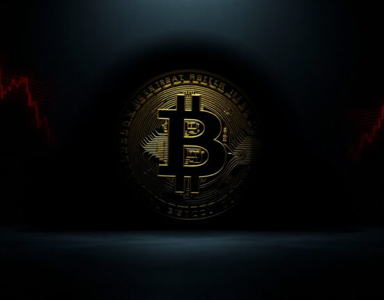 Bitcoin coin in shadow with red downward trend lines representing price drop