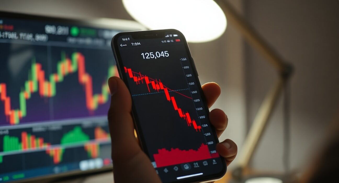 Trader's phone showing Bitcoin price chart with red candle, market dip