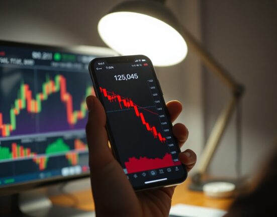Trader's phone showing Bitcoin price chart with red candle, market dip