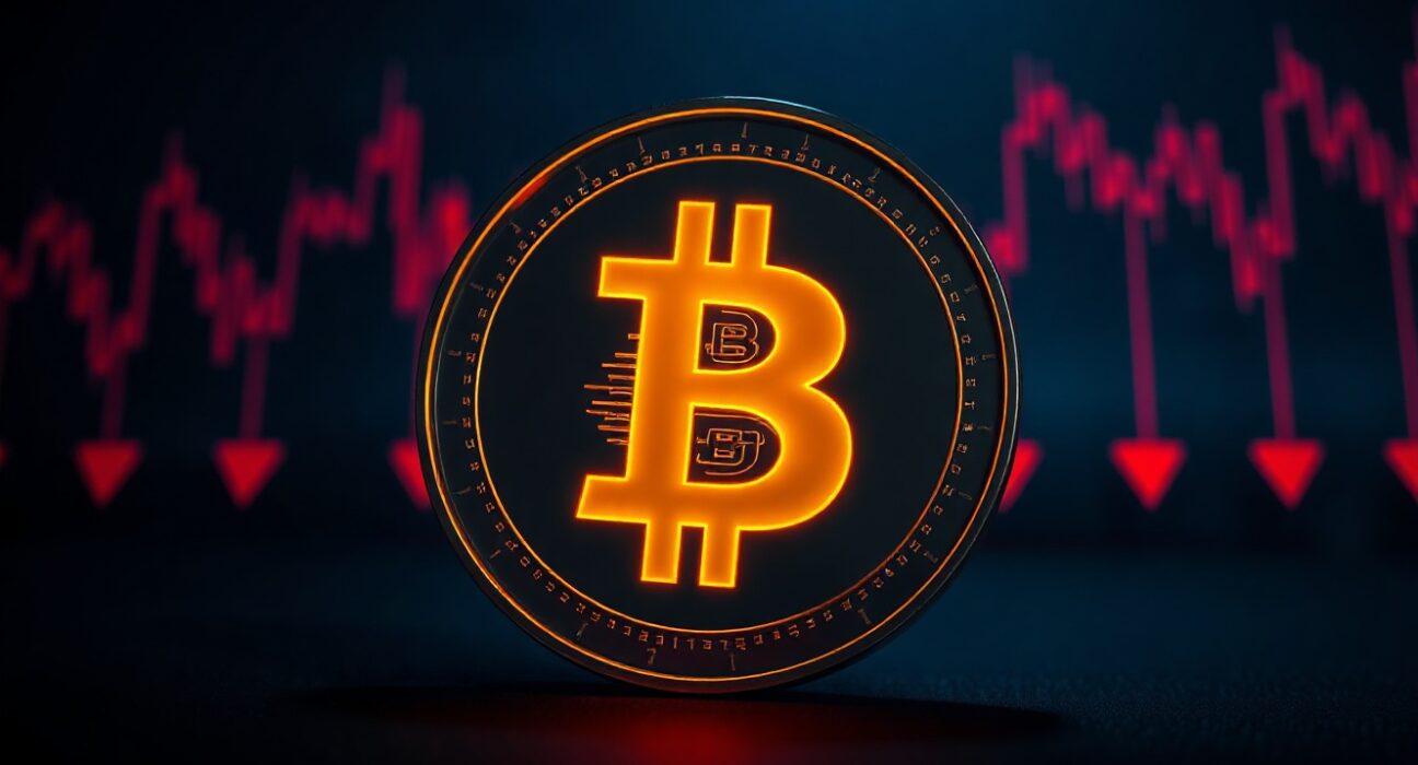 Bitcoin coin with red digital charts in dark background representing price decline