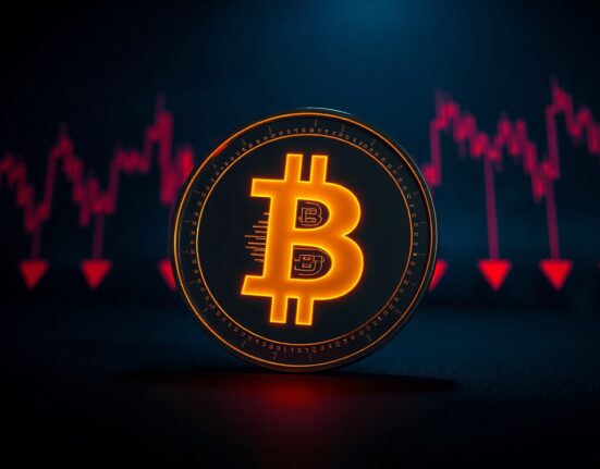 Bitcoin coin with red digital charts in dark background representing price decline