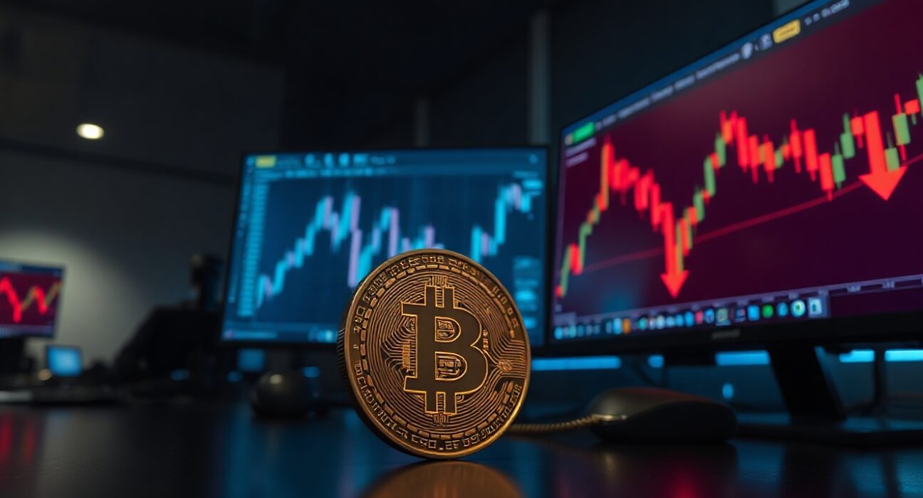 Bitcoin coin on a trading desk with red market charts in the background