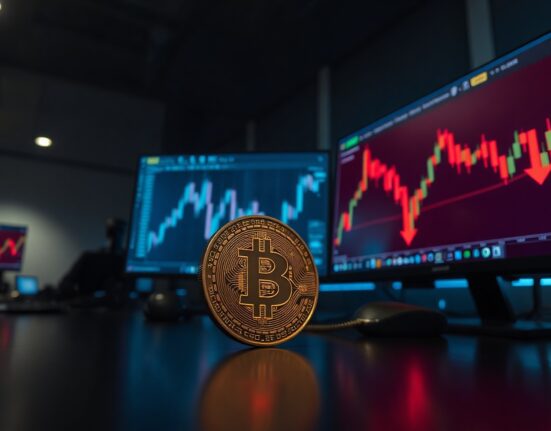 Bitcoin coin on a trading desk with red market charts in the background