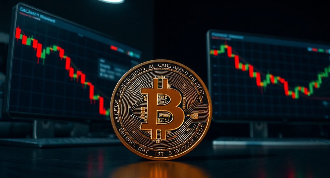 Bitcoin coin on a trading desk with monitors showing declining price charts.