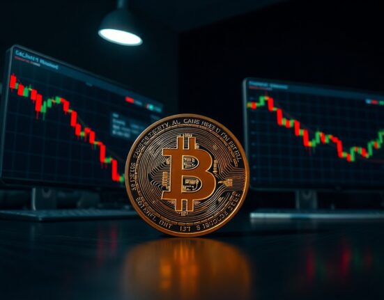 Bitcoin coin on a trading desk with monitors showing declining price charts.