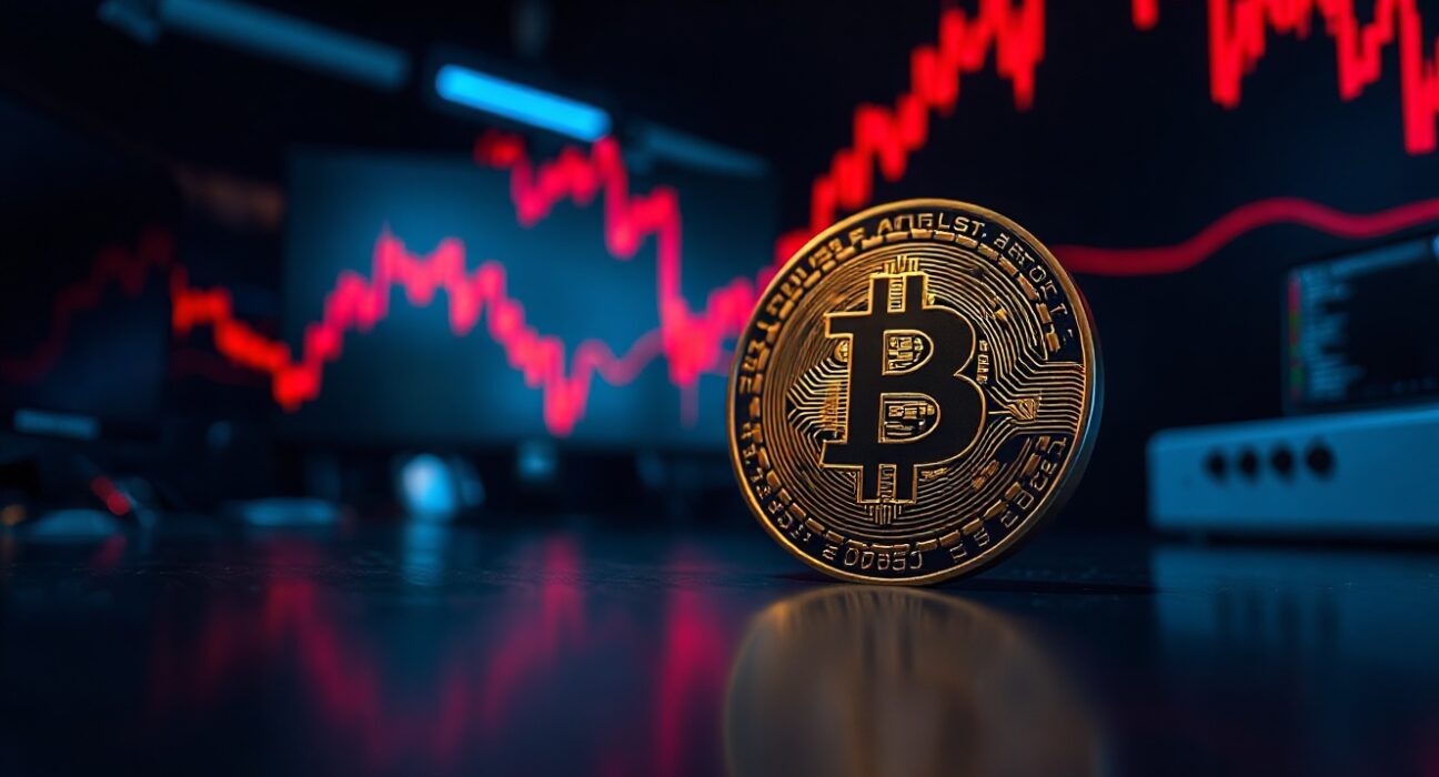 Bitcoin coin with red downward chart lines representing a price drop below $67,000.