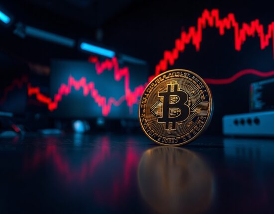 Bitcoin coin with red downward chart lines representing a price drop below $67,000.