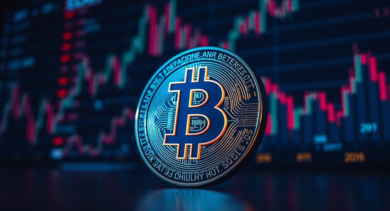Bitcoin coin in focus with blurred financial charts in the background representing market volatility.