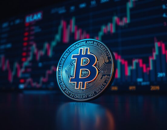Bitcoin coin in focus with blurred financial charts in the background representing market volatility.