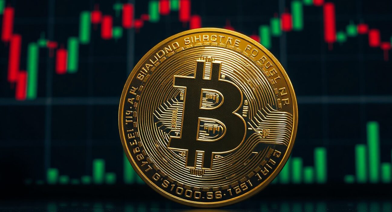 Bitcoin coin partially shadowed against digital trading charts, representing a price decline below $69,000.