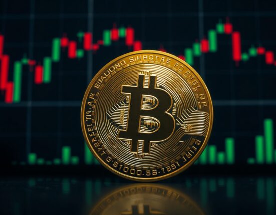 Bitcoin coin partially shadowed against digital trading charts, representing a price decline below $69,000.