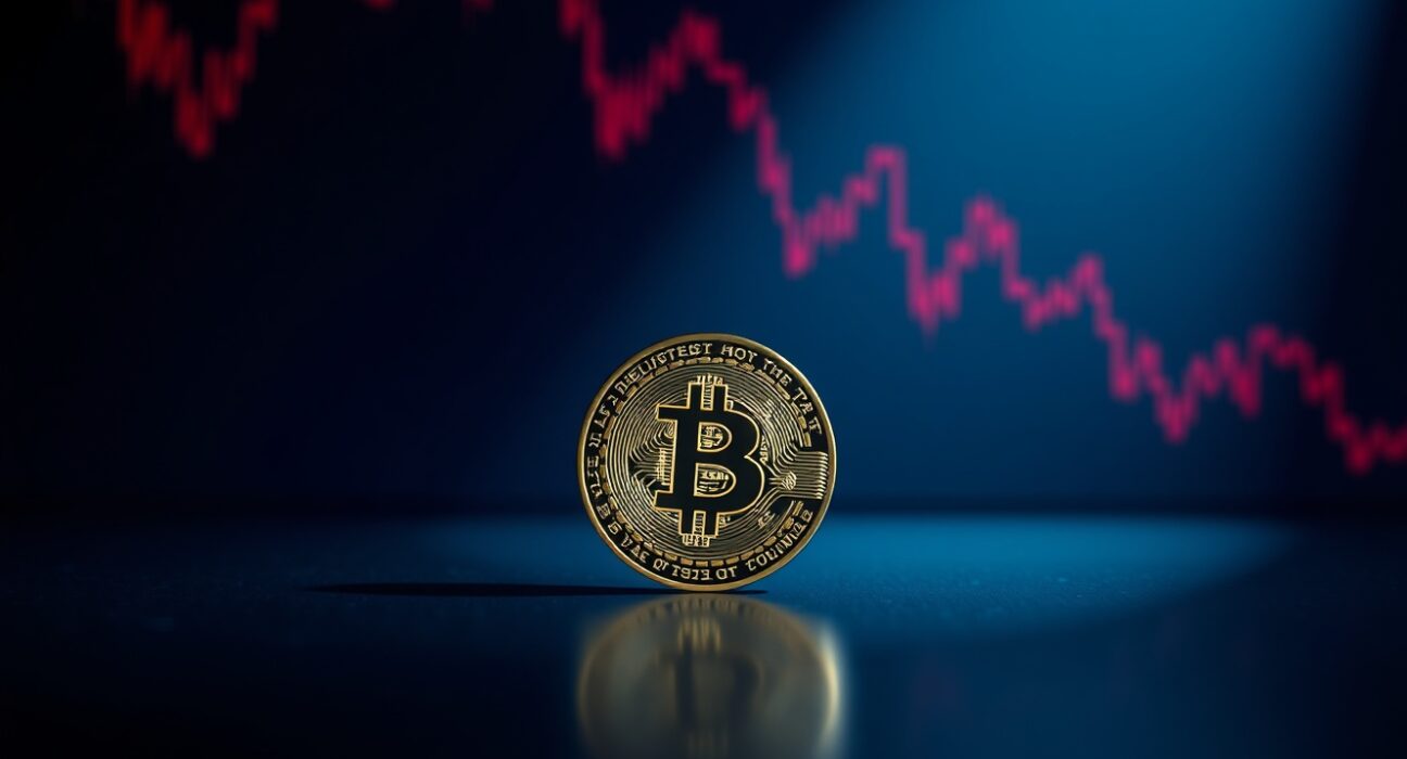Bitcoin coin on reflective surface with red market graph background