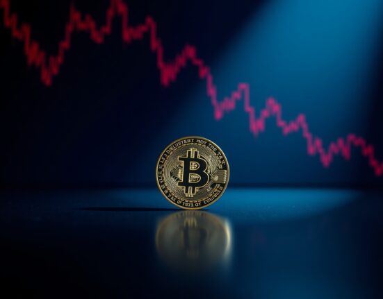 Bitcoin coin on reflective surface with red market graph background