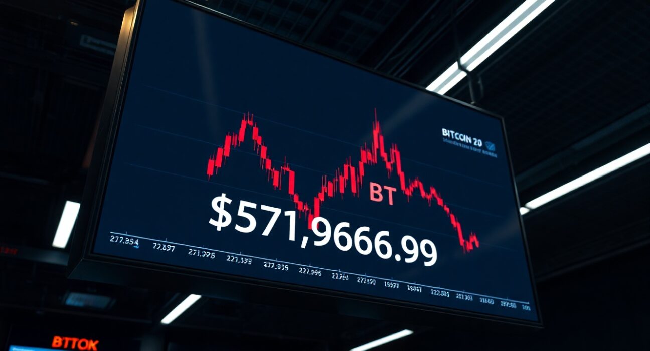 Bitcoin price display showing $71,965.96 on a trading screen with red candlestick chart