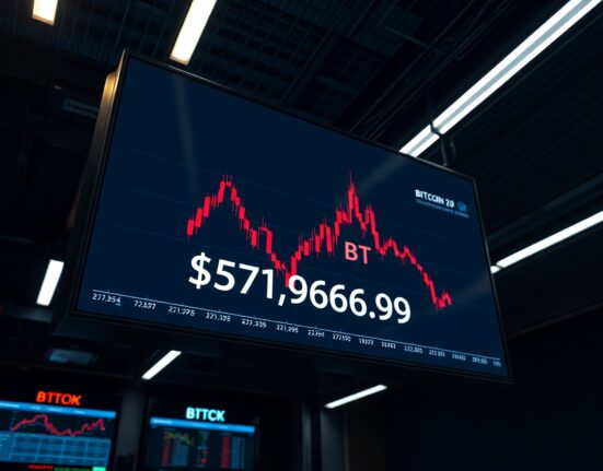 Bitcoin price display showing $71,965.96 on a trading screen with red candlestick chart