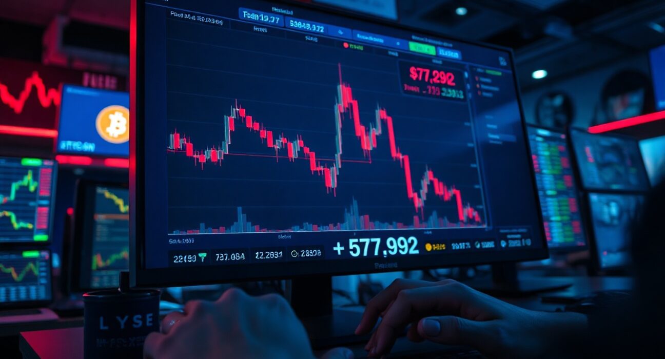 Bitcoin price chart showing drop below $74,000 on a trading desk monitor.