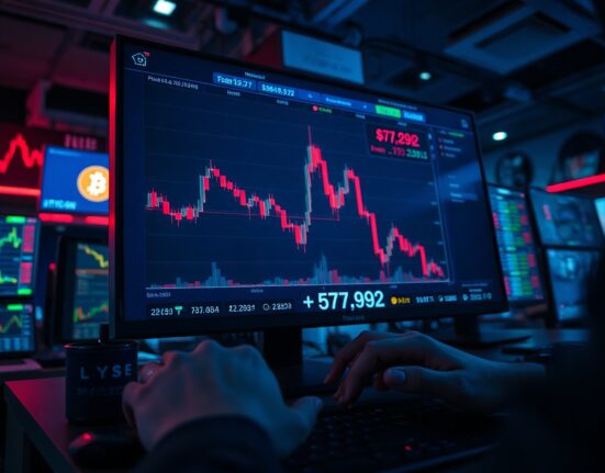 Bitcoin price chart showing drop below $74,000 on a trading desk monitor.