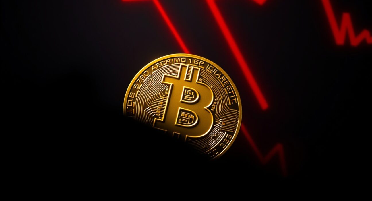 Bitcoin coin with downward-trending red chart lines representing price drop amid market sell-off