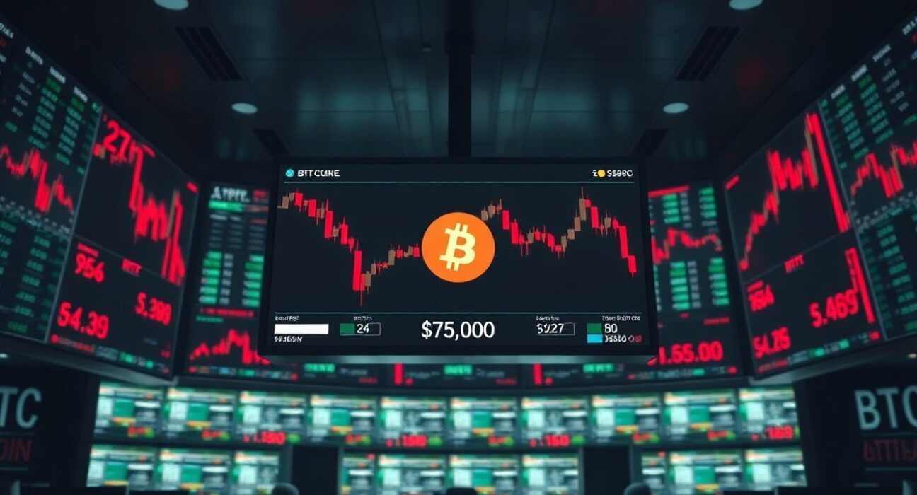 Bitcoin price chart showing drop below $75,000 on trading screens in a professional trading environment.
