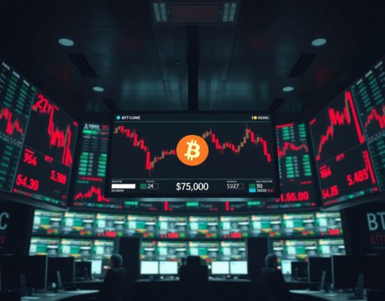 Bitcoin price chart showing drop below $75,000 on trading screens in a professional trading environment.