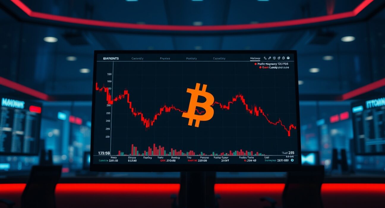 Bitcoin price chart showing a sharp decline below $76,000 on a trading screen
