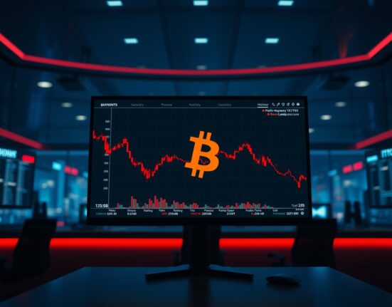 Bitcoin price chart showing a sharp decline below $76,000 on a trading screen