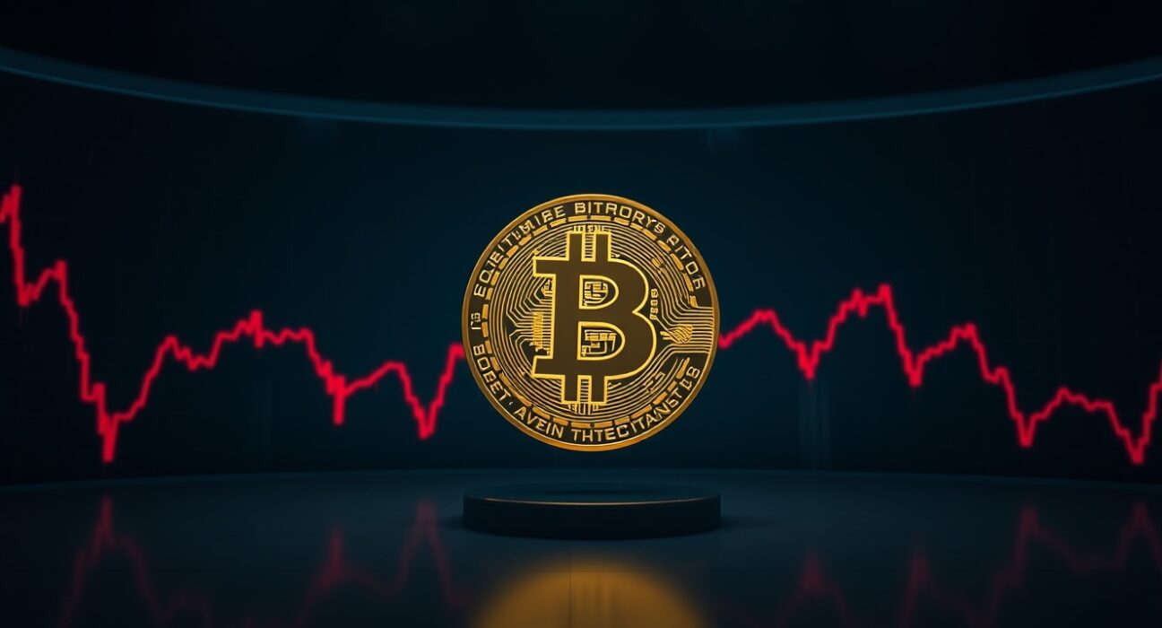 Bitcoin coin on dark background with red downward chart lines indicating price drop
