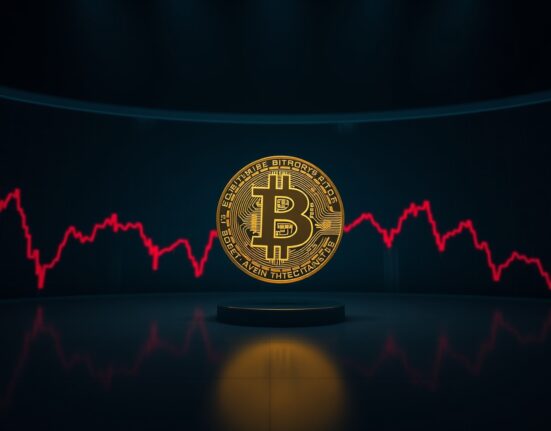 Bitcoin coin on dark background with red downward chart lines indicating price drop