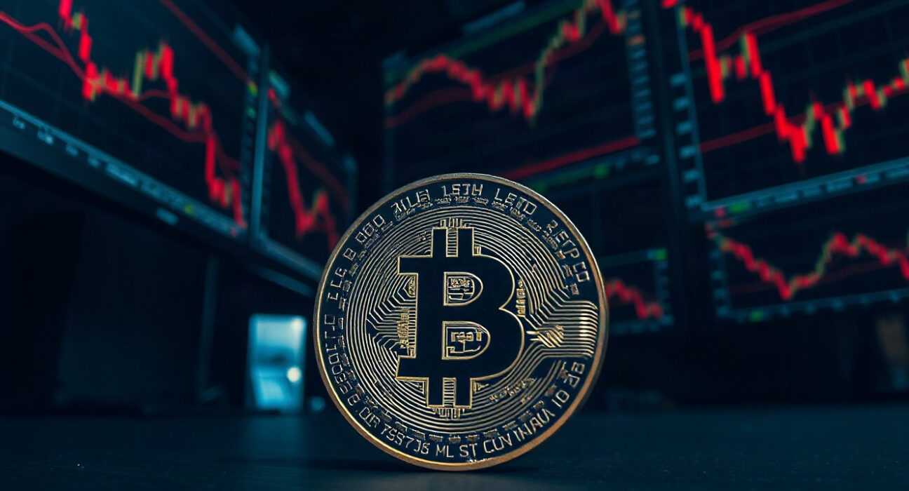 Bitcoin coin in focus with a dark trading floor and red price charts in the background, symbolizing market decline.