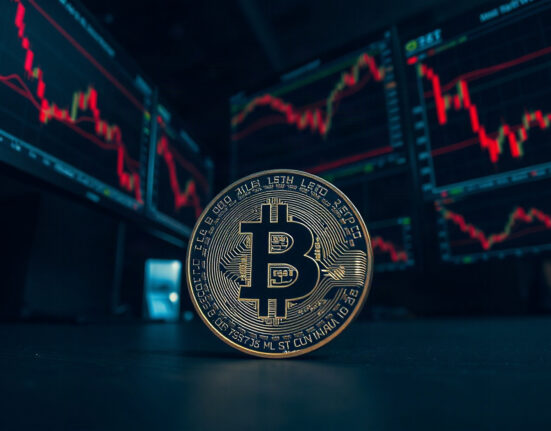 Bitcoin coin in focus with a dark trading floor and red price charts in the background, symbolizing market decline.