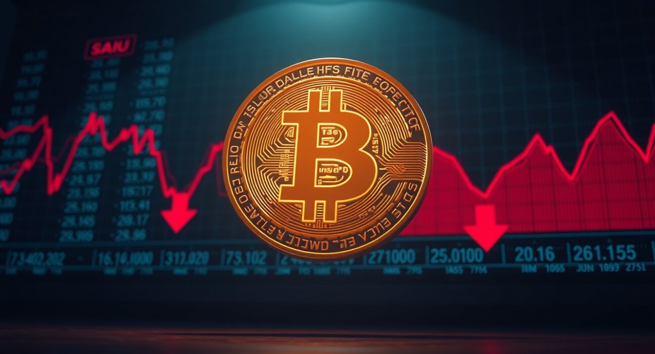 Bitcoin coin in focus against a dark background with red market charts, representing price decline amid inflation fears.