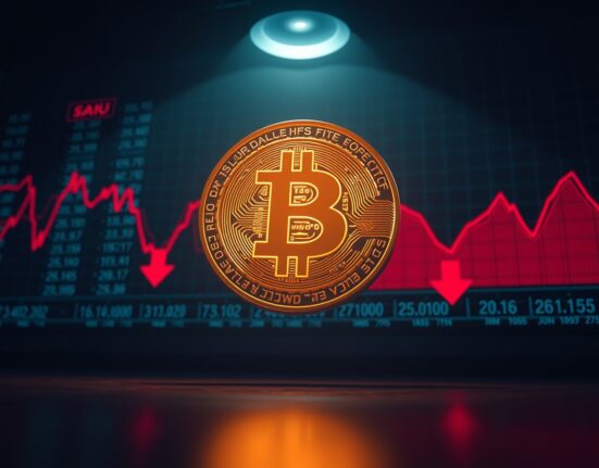 Bitcoin coin in focus against a dark background with red market charts, representing price decline amid inflation fears.