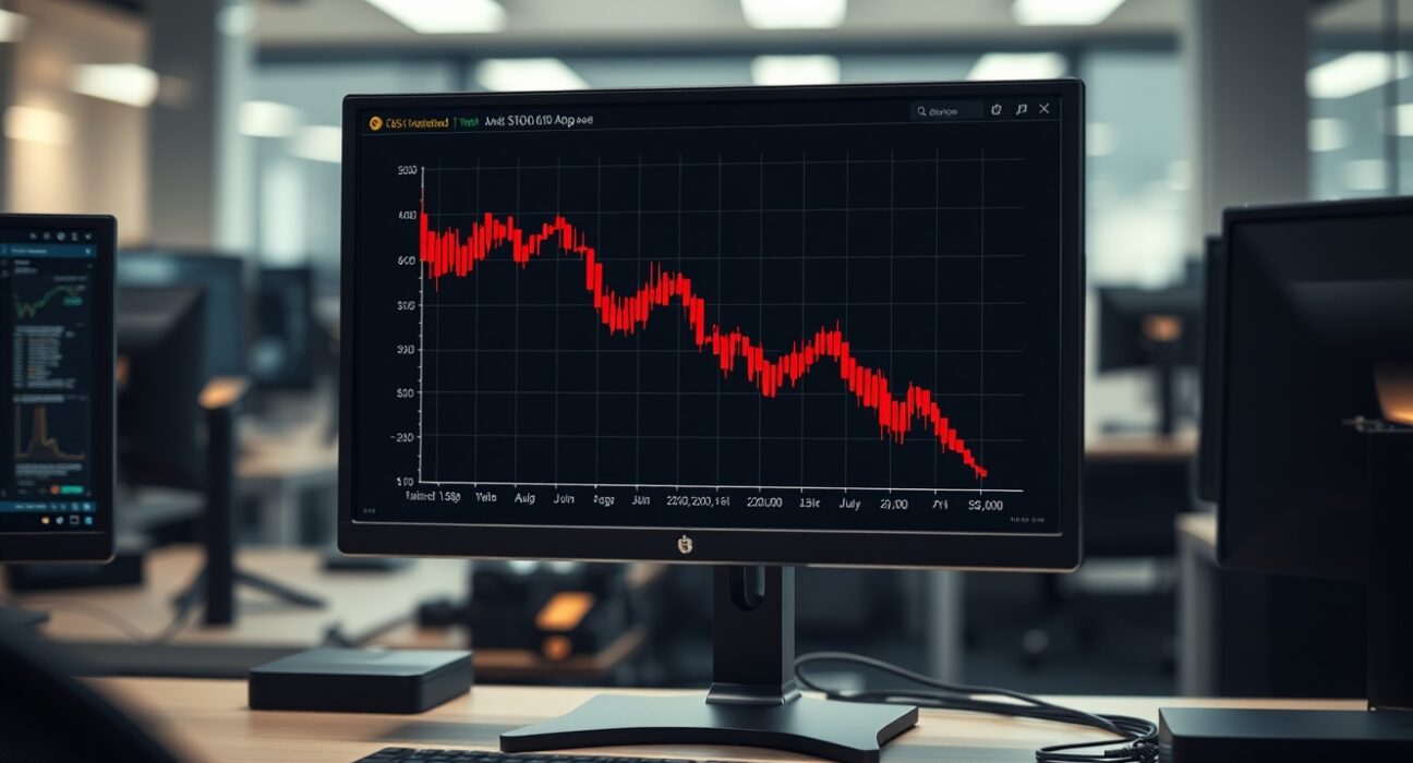 Bitcoin price chart showing drop below $80,000 on trading desk monitors