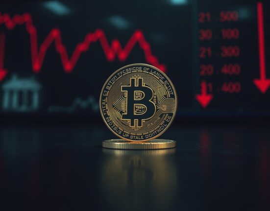 Bitcoin coin on dark surface with red market ticker background symbolizing price drop