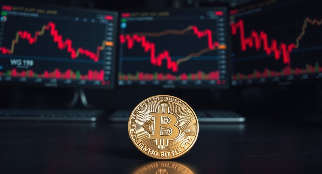 Bitcoin coin on reflective surface with trading monitors showing red charts in background