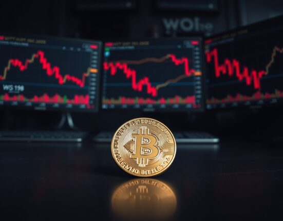 Bitcoin coin on reflective surface with trading monitors showing red charts in background