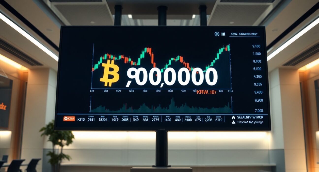 Digital screen showing Bitcoin price chart falling below 90 million South Korean won on Upbit exchange in Seoul