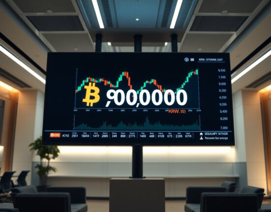 Digital screen showing Bitcoin price chart falling below 90 million South Korean won on Upbit exchange in Seoul