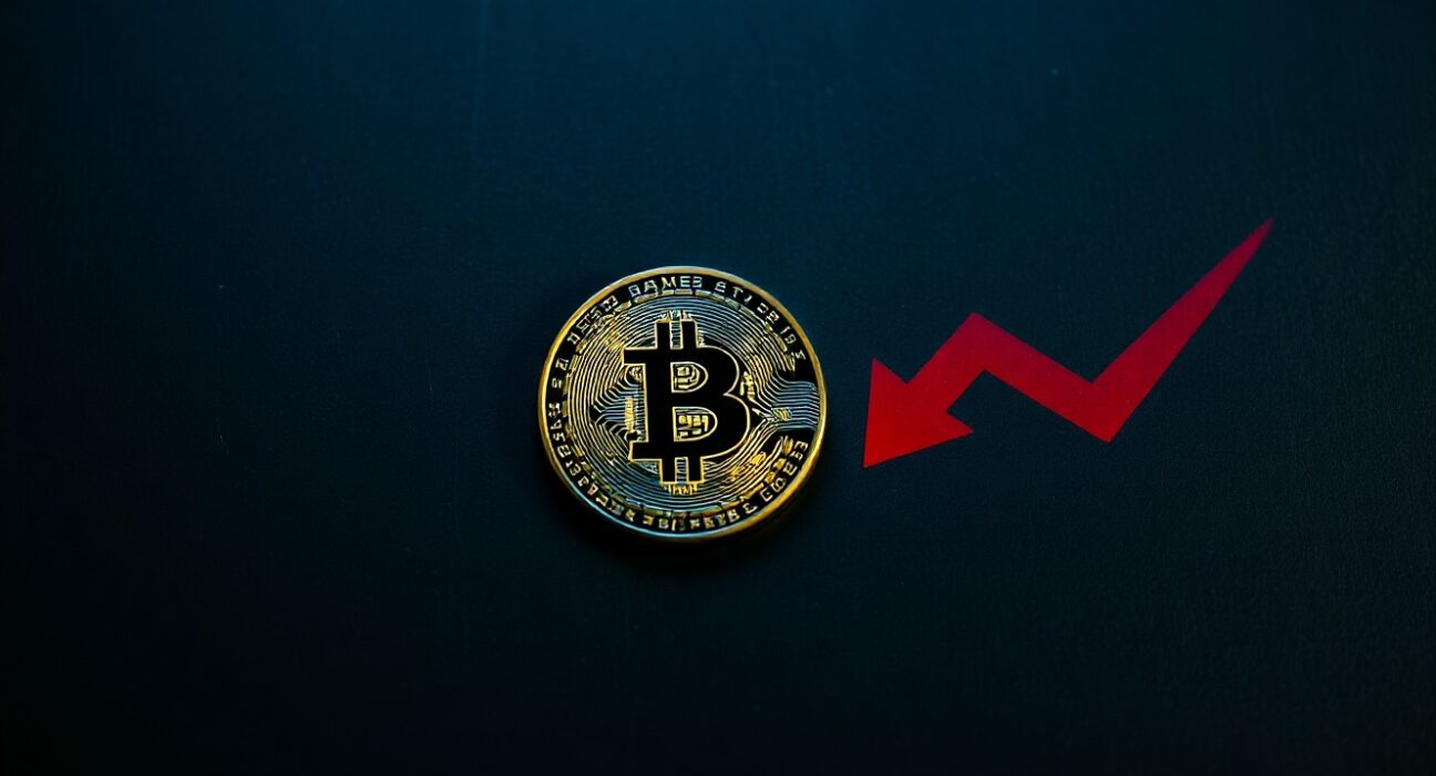 Bitcoin coin with a red downward shadow representing a bearish trend