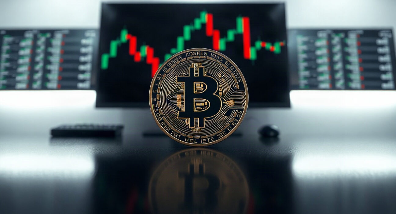 Bitcoin coin on reflective surface with blurred trading chart in background, symbolizing market rally