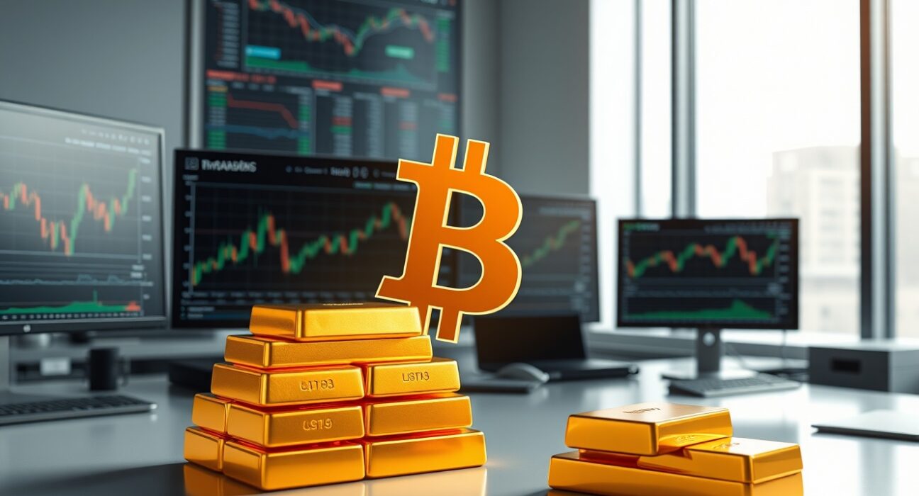 Bitcoin symbol integrated with gold bars representing digital versus traditional inflation hedge assets in financial markets.