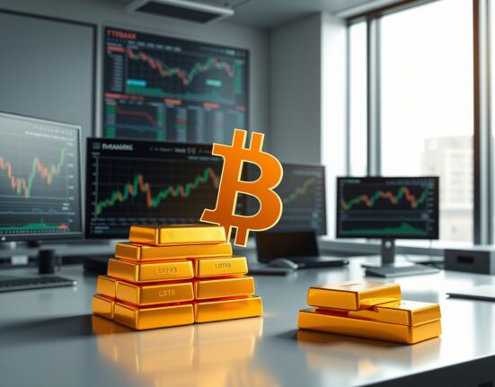 Bitcoin symbol integrated with gold bars representing digital versus traditional inflation hedge assets in financial markets.