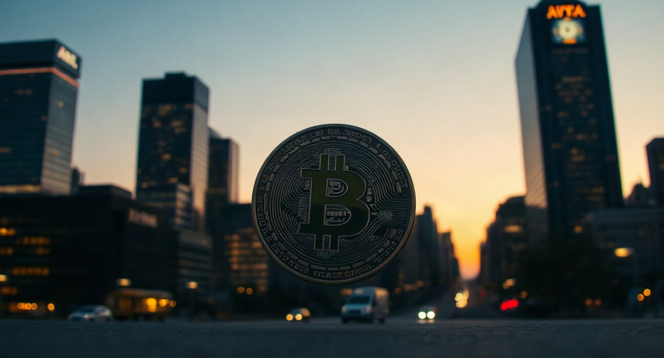 Bitcoin coin in foreground with financial district skyline at dusk, symbolizing market rally